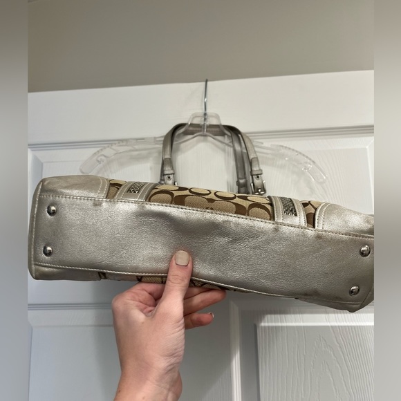 Coach Signature Khaki C Platinum Metallic Trim Beaded Gallery Tote Bag Purse - Picture 6 of 12